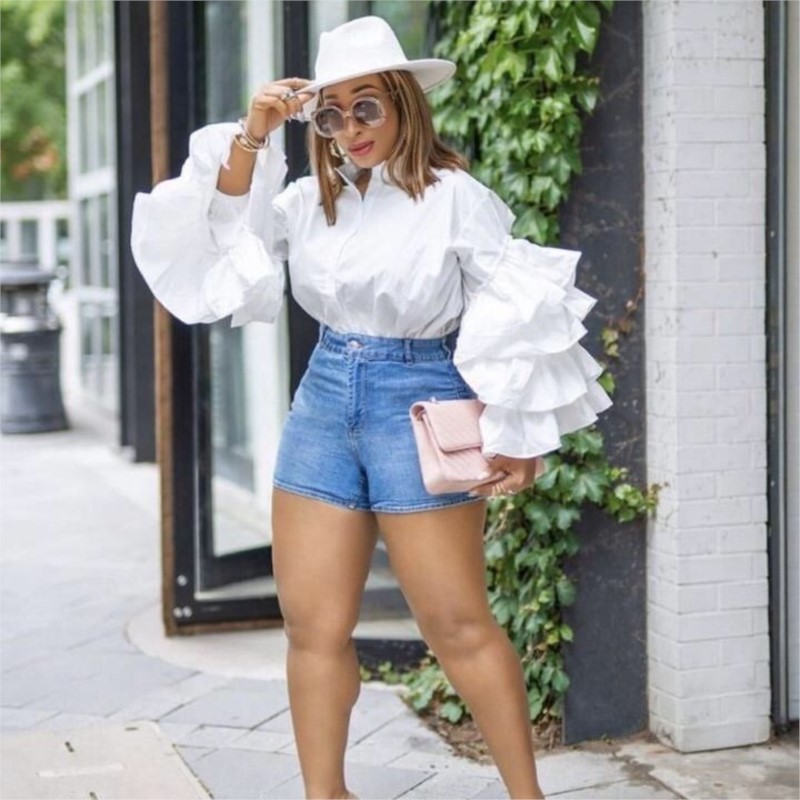 Shirt Camp Collar - Femmes chemises blanches solide manches à